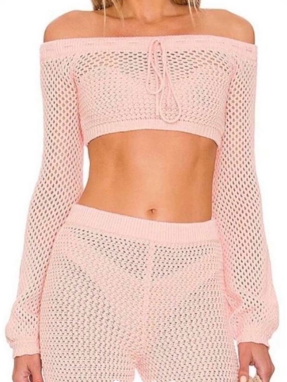Tularosa Andy Off-Shoulder Pink Crop Knit Sweater